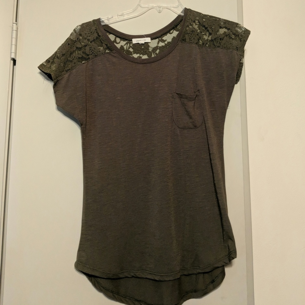 Green tee with lace back and shoulders